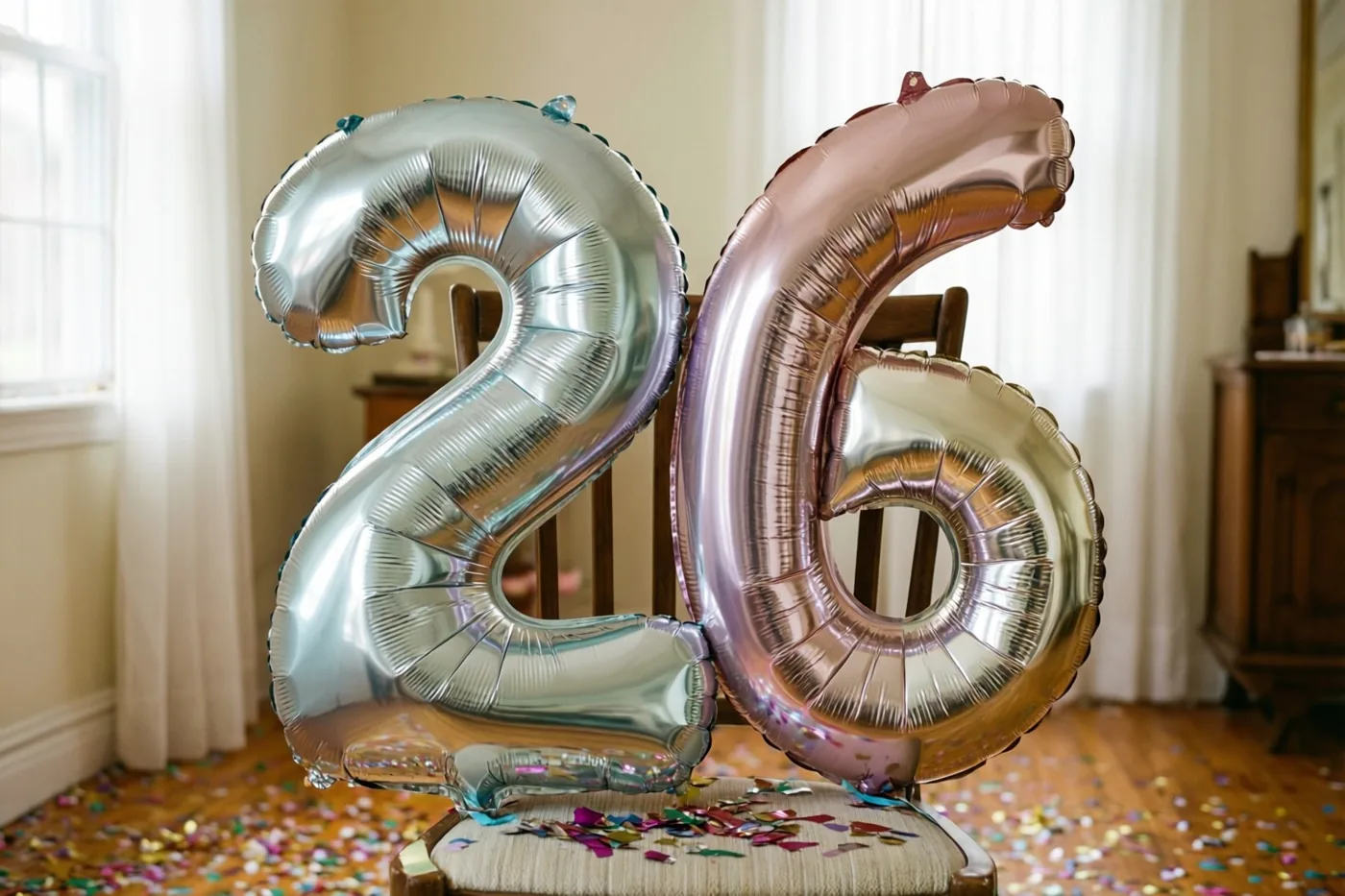 Een zilveren folieballon in de vorm van 2 en een roségouden 6 hangen aan een stoel in een lichte kamer met kleurrijke confetti op de houten vloer.