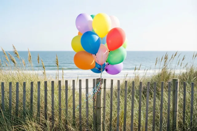 Verjaardagsballonnen aan het strandhek