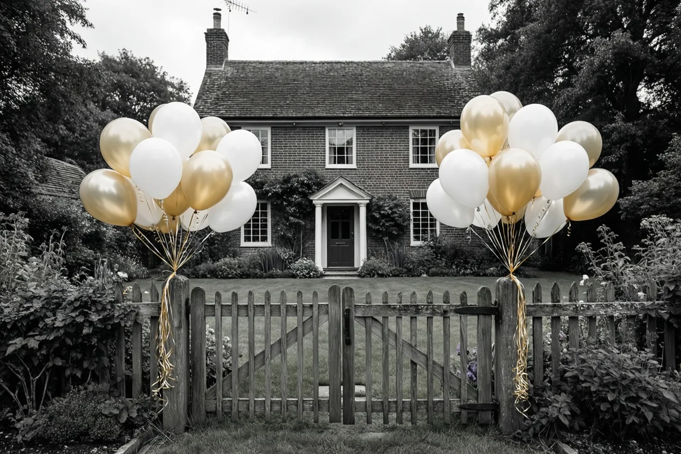 Twee trossen witte en lichtgouden ballonnen hangen aan een houten tuinhek voor een bakstenen hoeve, met de omgeving in zwart-wit.