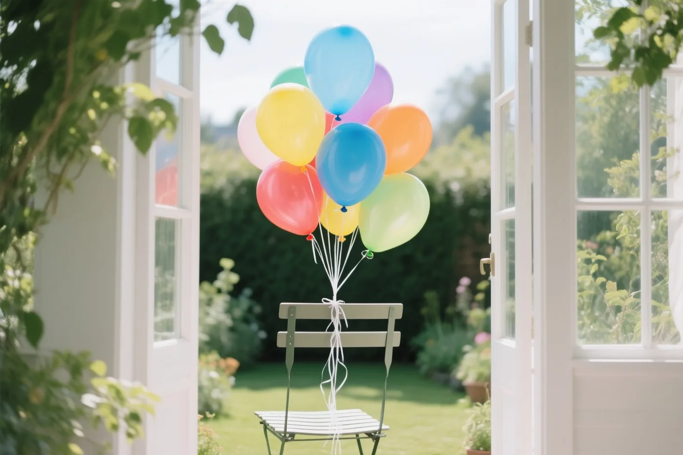 Door een open witte deur is een lichtgroene tuinstoel met kleurrijke ballonnen te zien in een zonnige tuin met groen op de achtergrond.