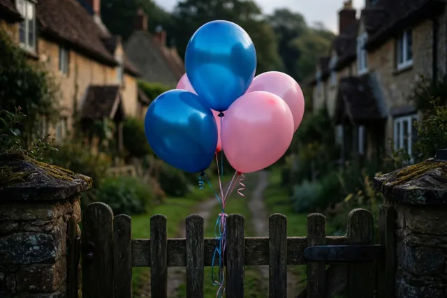 Blauwe en roze ballonnen hangen aan een verweerd houten tuinhek in een dorpsstraat met stenen huisjes, rieten daken en groen.