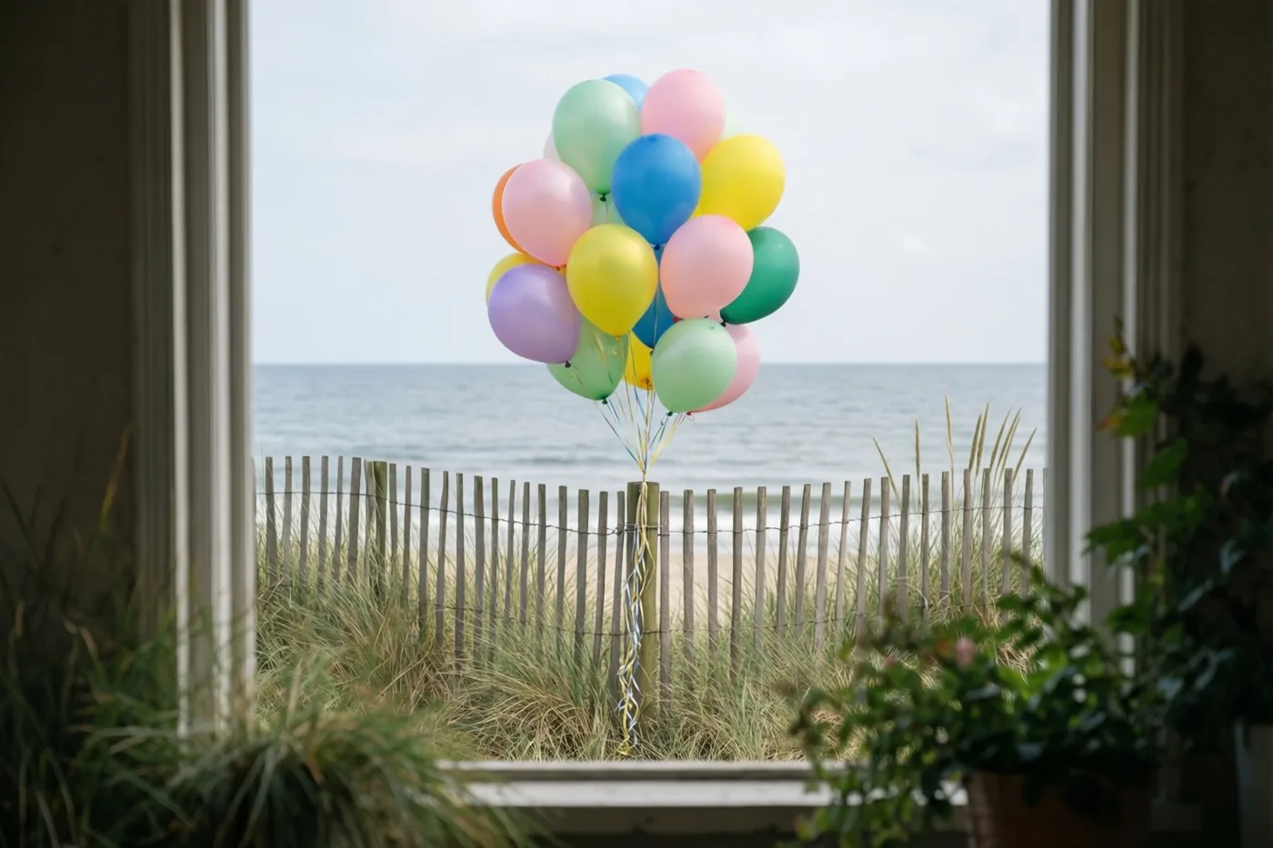 Door een raam zie je kleurrijke ballonnen aan een verweerd houten duinhek, met helmgras op de voorgrond en de zee erachter.