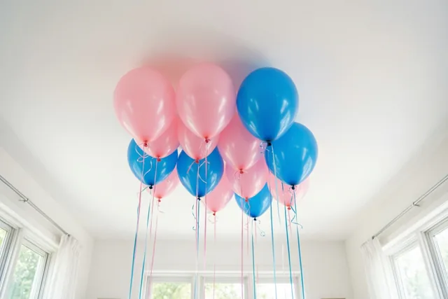 Een groep roze en blauwe ballonnen met lange linten zweeft tegen het witte plafond van een lichte, sober ingerichte kamer met ramen aan weerszijden.