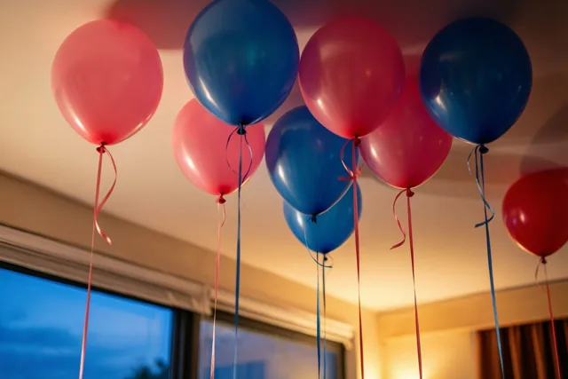 Roze en blauwe ballonnen met lange hangende linten zweven tegen een wit plafond in warm licht.