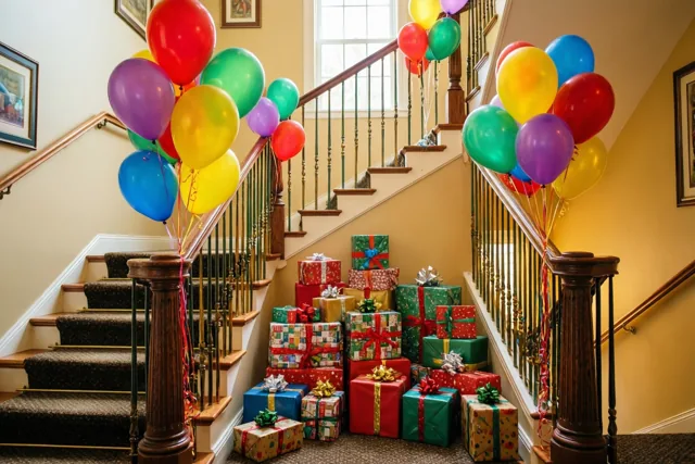 Een trap met kleurrijke ballonnen aan de leuningen leidt naar ingepakte cadeaus onderaan in een warm verlicht huis met ingelijste foto's aan de muren en een raam achteraan.