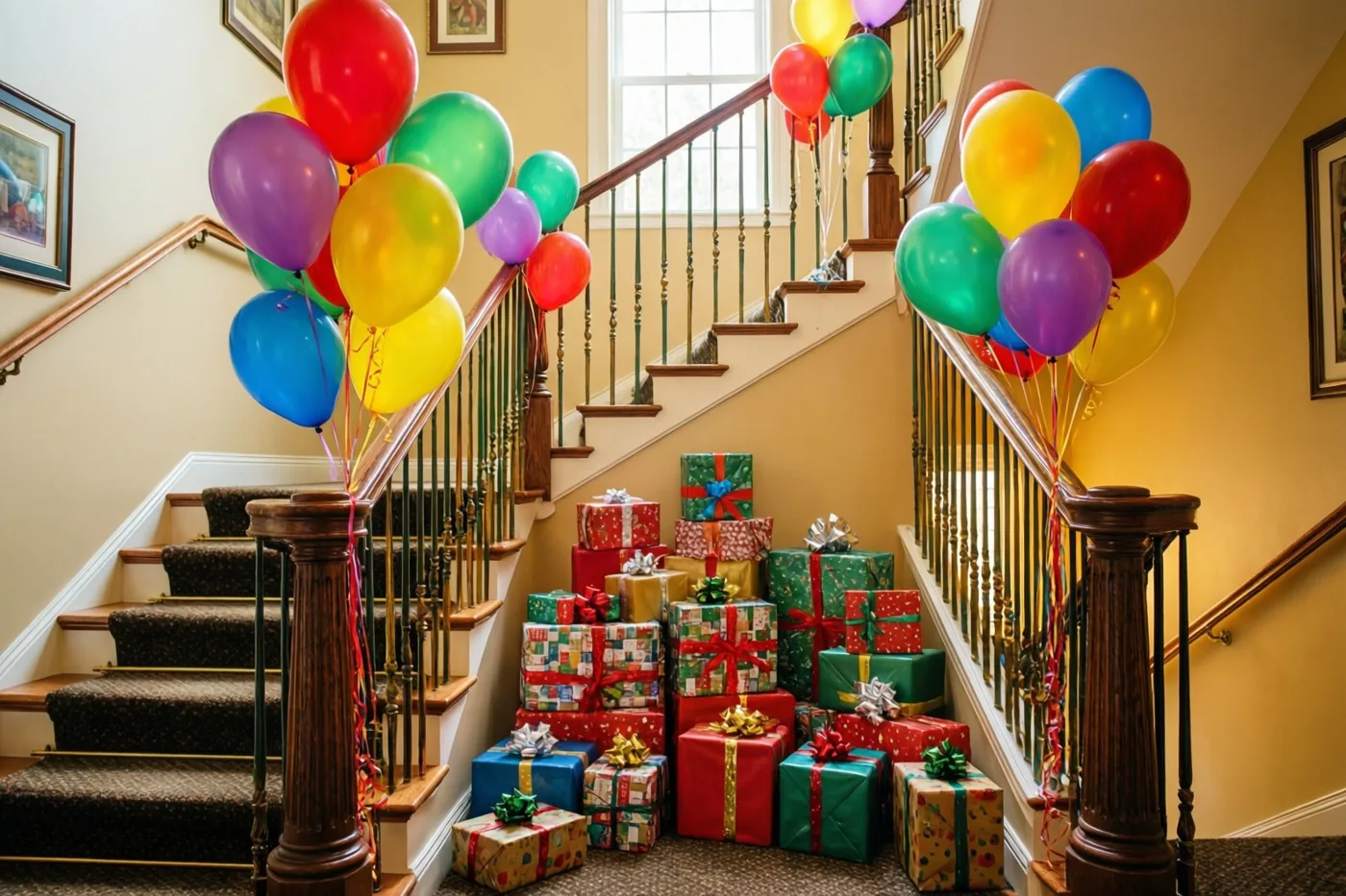 Een trap met kleurrijke ballonnen aan de leuningen leidt naar ingepakte cadeaus onderaan in een warm verlicht huis met ingelijste foto's aan de muren en een raam achteraan.