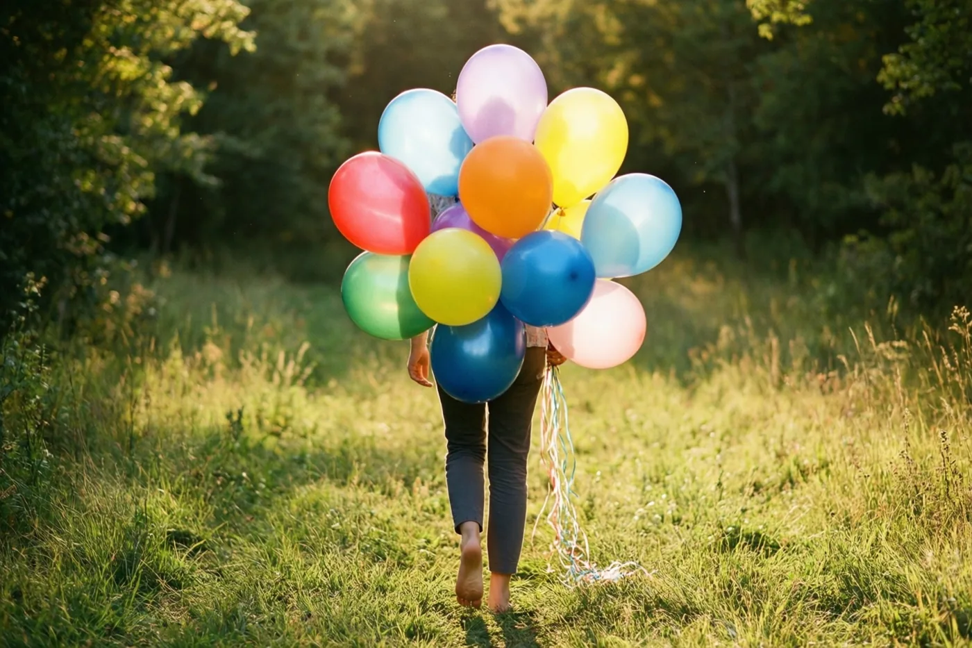 Een persoon, van achteren gezien, loopt op blote voeten door een zonnig grasveld en wordt licht opgetild door een grote tros gekleurde ballonnen, met bomen op de achtergrond.