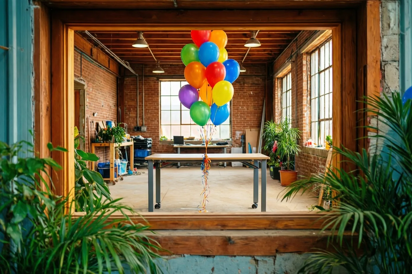 Door een houten deuropening is een werkruimte met bakstenen muren en houten balken te zien, met kleurrijke ballonnen aan een leeg bureau tussen potplanten.