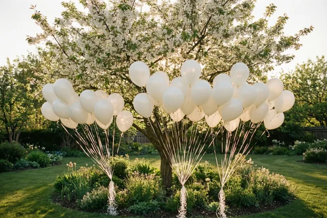 Witte ballonnen zijn vastgebonden aan de takken van een bloeiende boom in een groene tuin in warm zonlicht.