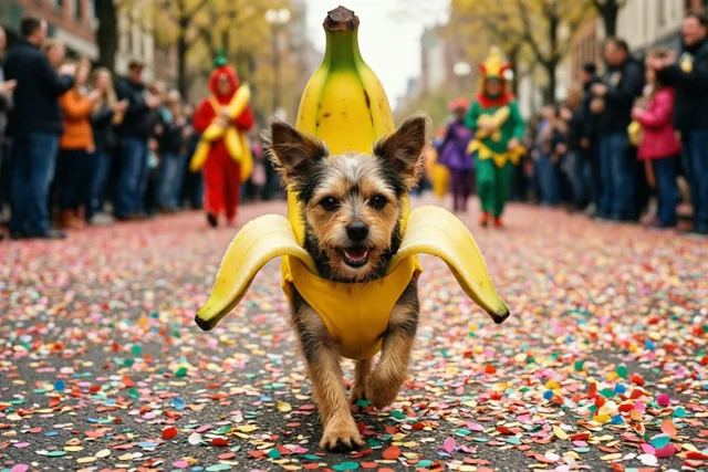 Een kleine hond in een bananenkostuum draaft over een straat vol kleurrijke confetti, met onscherpe verklede mensen en toeschouwers langs de kant.
