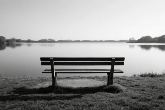 Een houten bank staat op een grasoever met uitzicht op een stil meer in een monochroom beeld.