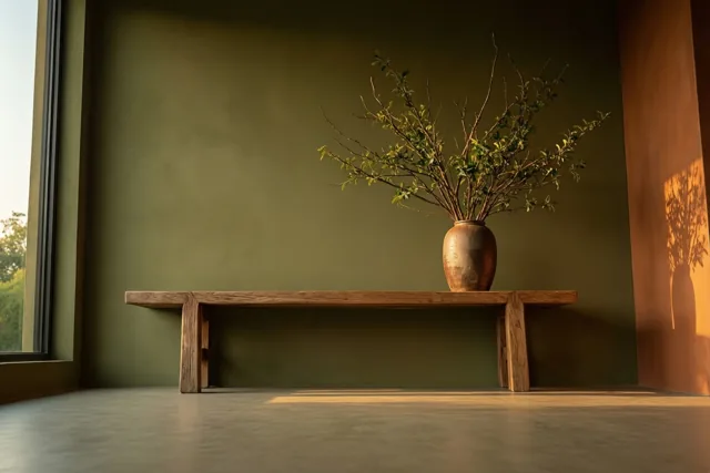 Een houten bank met een keramieken vaas met takken staat tegen een groene muur, terwijl zonlicht door een raam een schaduw op een aangrenzende oranje muur werpt.