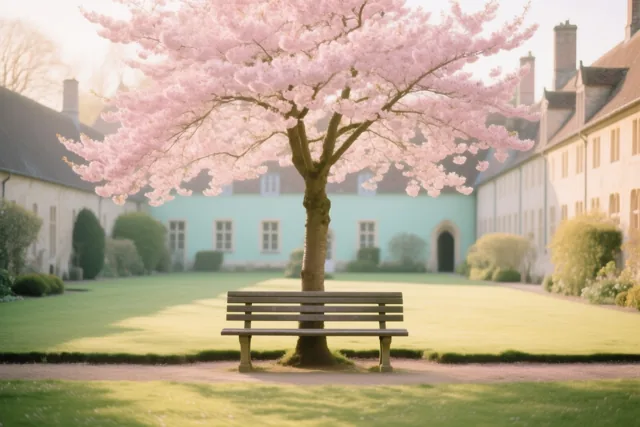 Een houten bank staat onder een roze bloeiende kersenboom in een binnentuin, met pastelkleurige gebouwen op de achtergrond in zacht warm licht.