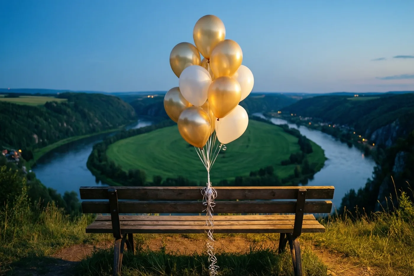 Gouden en witte ballonnen zijn vastgebonden aan een houten bank met uitzicht op een kronkelende rivier tussen groene heuvels, onder een blauwe hemel in de schemering.