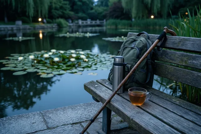 Bij een kalme vijver met waterlelies staat een houten bank met een wandelstok, een thermos en een kop thee, omringd door groen in de schemering.