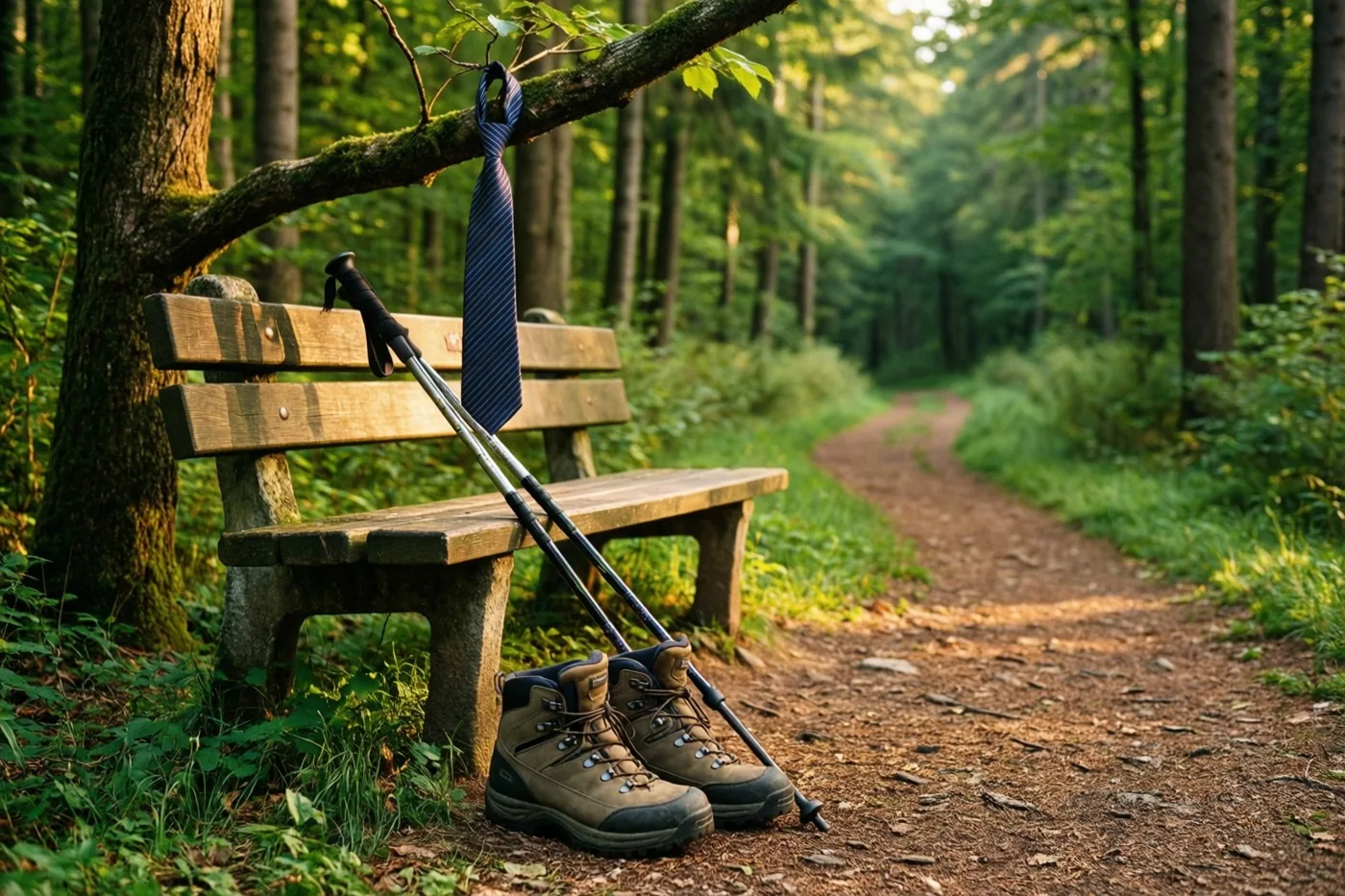 Een paar wandelschoenen en wandelstokken liggen op een houten bank naast een bospad, met een blauw gestreepte das aan een tak erboven en zonlicht tussen de groene bomen.