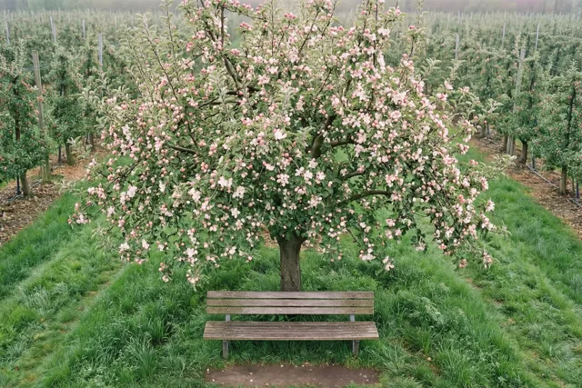Een appelboom met roze bloesems en een houten bank eronder staat in een groen veld met rijen bomen op de achtergrond.