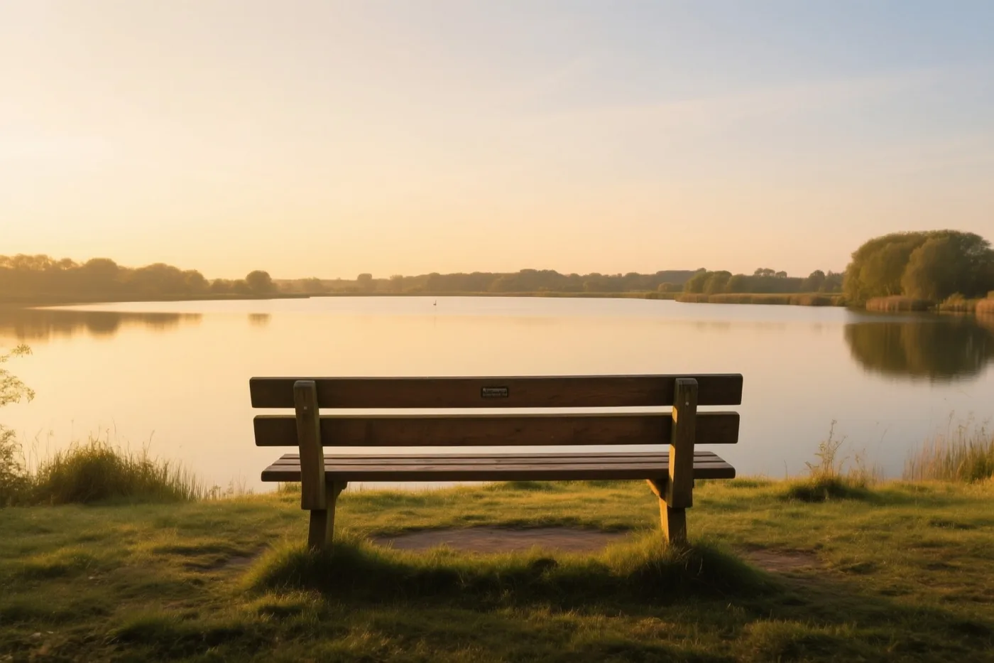 Een houten bank staat op een grasoever aan een rustig meer, met goudkleurig licht, zachte weerspiegelingen en bomen in de verte.