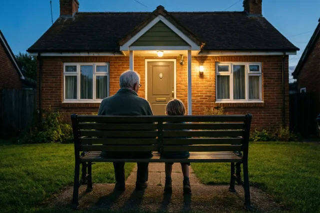 Een oudere persoon en een kind zitten op een houten bank tegenover een klein bakstenen huis met een warm verlichte voordeur in de schemering.
