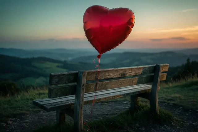 Een houten bank staat op een met gras begroeide heuveltop met uitzicht op glooiende heuvels bij zonsondergang, met een grote rode hartjesballon aan de rugleuning.