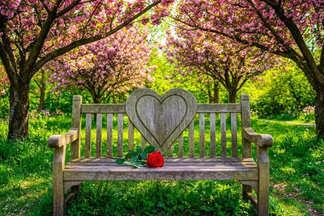 Een houten bank met een hartvormig snijwerk en een rode roos op de zitting staat onder roze kersenbloesems in een zonnige tuin met groen gras.