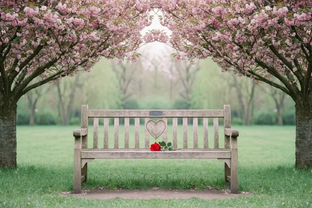 Een houten bank met een hartvormig snijwerk en een rode roos op de zitting staat onder roze kersenbloesems in een groen park met een onscherpe achtergrond.