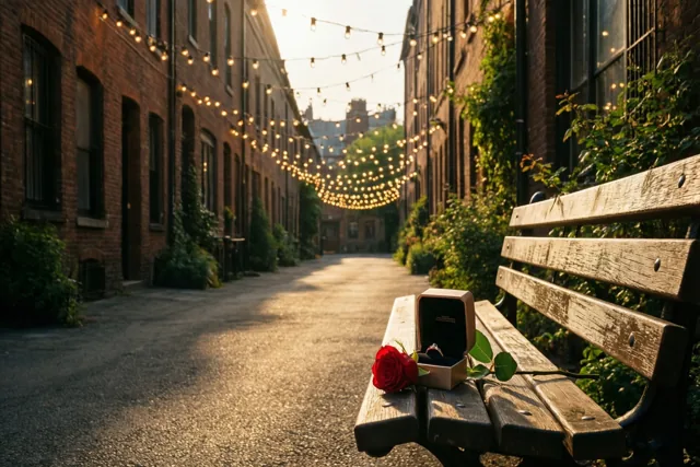 Een houten bank met een ringdoosje en een rode roos staat tussen bakstenen gebouwen onder lichtslingers bij zonsondergang.