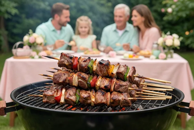 Spiesjes lamsvlees liggen op een zwarte barbecue in een groene tuin, met een onscherp afgebeelde familie aan een tafel met een roze tafelkleed.