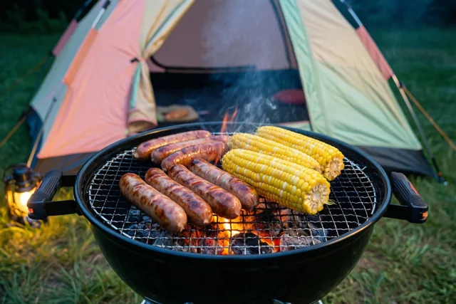 Worstjes en maïskolven grillen op een zwarte barbecue voor een kleurrijke tent op het gras, verlicht door vuur en een lantaarn.