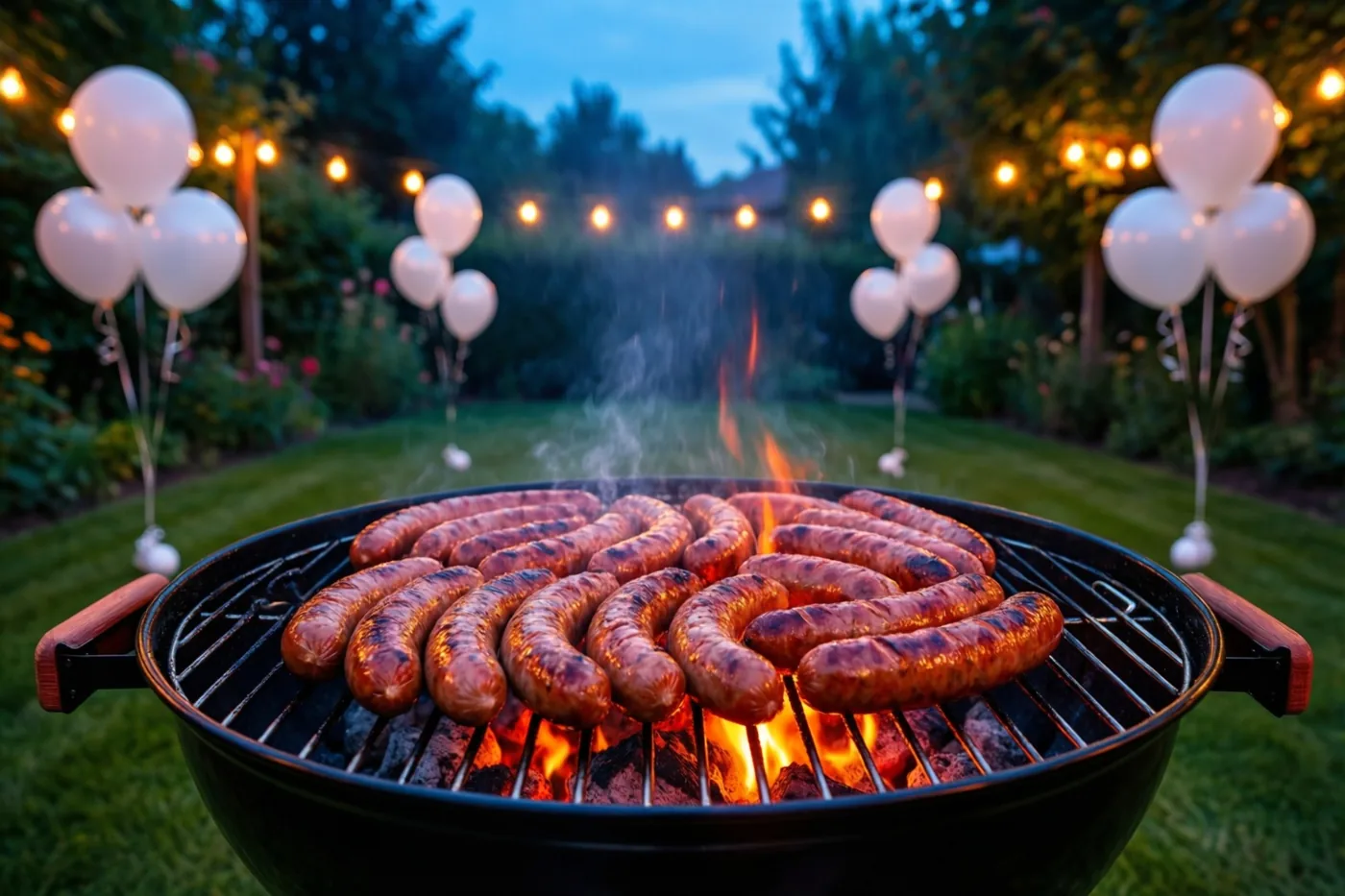 Worstjes bakken op een houtskoolbarbecue met oranje vlammen in een tuin bij schemerlicht, met groen gras, witte ballonnen en lichtslingers op de achtergrond.