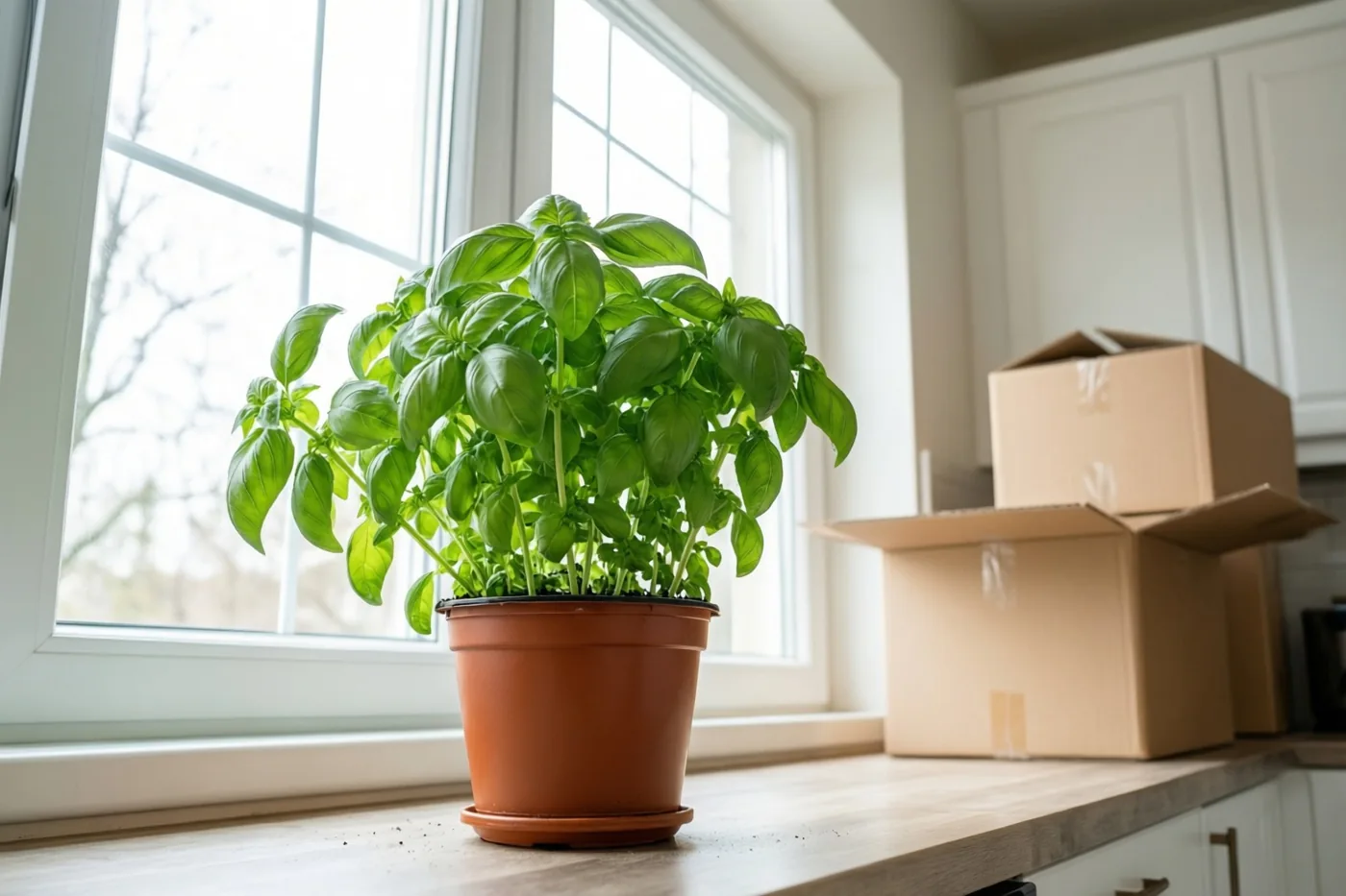 Een basilicumplant staat in daglicht op een houten keukenvensterbank, naast ongeopende verhuisdozen die op het werkblad gestapeld staan.