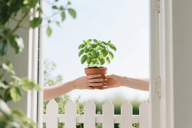 Door een open raam zijn twee handen te zien die een pot basilicum doorgeven boven een wit tuinhek.