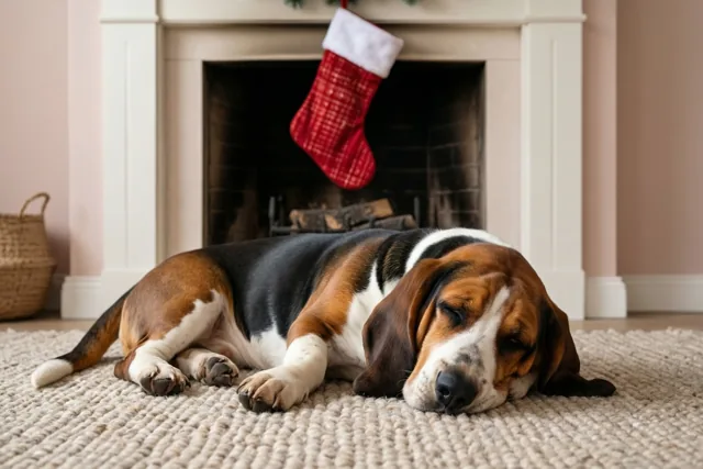 Een basset slaapt op een beige tapijt met structuur voor een witte haard in een kamer met roze muren en een rode kerstsok boven zijn kop.