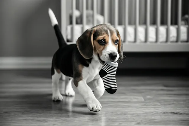Een puppy met babyvoorpret
