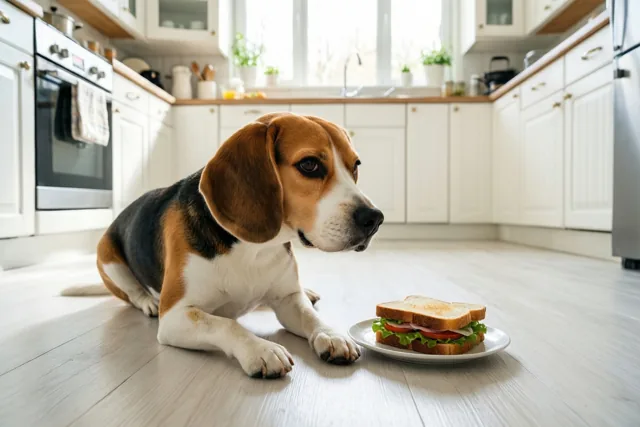 Een beagle ligt op een lichte houten keukenvloer en kijkt weg van een belegde boterham op een wit bord, in een lichte keuken met witte kasten.