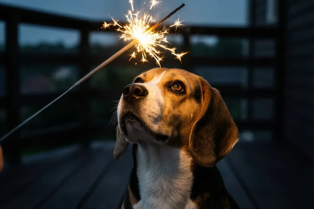 Een beagle vol nieuwjaarsverwondering