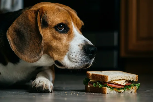 Een beagle ligt op een donkere vloer en kijkt weg van een belegde boterham naast hem, in warm binnenlicht.
