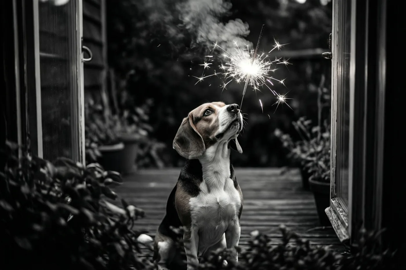 Een beagle zit op een donker houten terras en kijkt omhoog naar een brandend sterretje dat boven hem wordt gehouden, in een zwart-witbeeld.