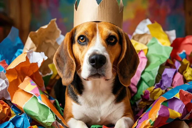 Een beagle met een kartonnen kroon zit tussen kleurrijk gescheurd inpakpapier in warme tinten.