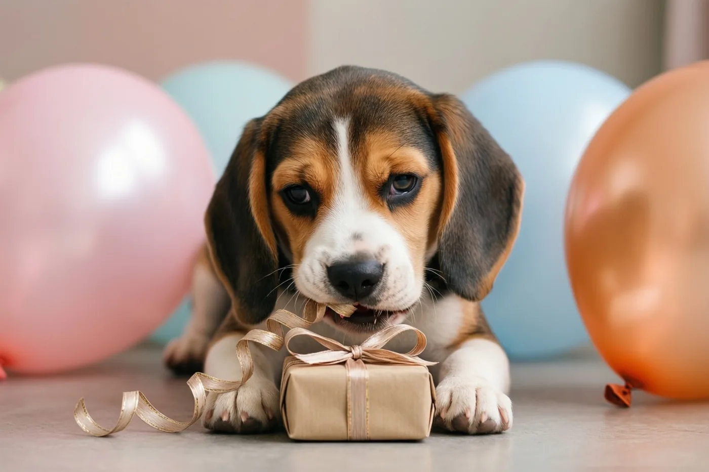 Een beaglepuppy ligt op de vloer en kauwt op het krullint van een klein ingepakt cadeau, met kleurrijke ballonnen op de achtergrond.
