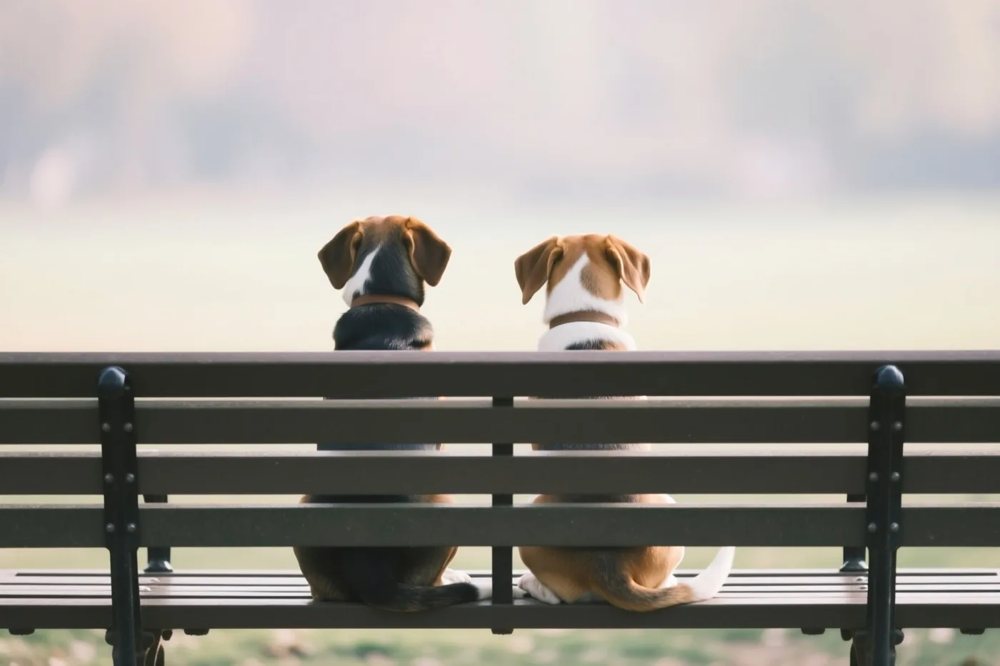 Twee beagles zitten naast elkaar op een donkere parkbank, van achteren gezien, in zacht licht met gedempte bruine, witte en groene tinten.