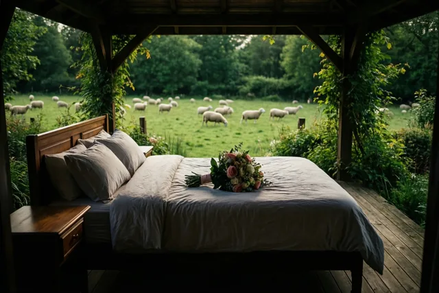 Een bed met een grijs dekbed, kussens en een boeket staat op een houten veranda met uitzicht op een groene weide met grazende schapen.