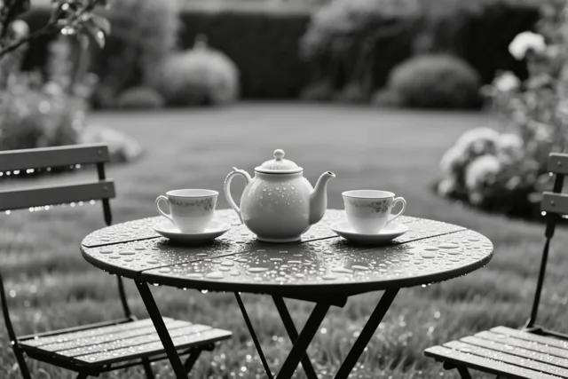 Een zwart-witfoto toont een ronde tuintafel met een theepot en twee kopjes, allemaal bedekt met dauwdruppels, op een grasveld.