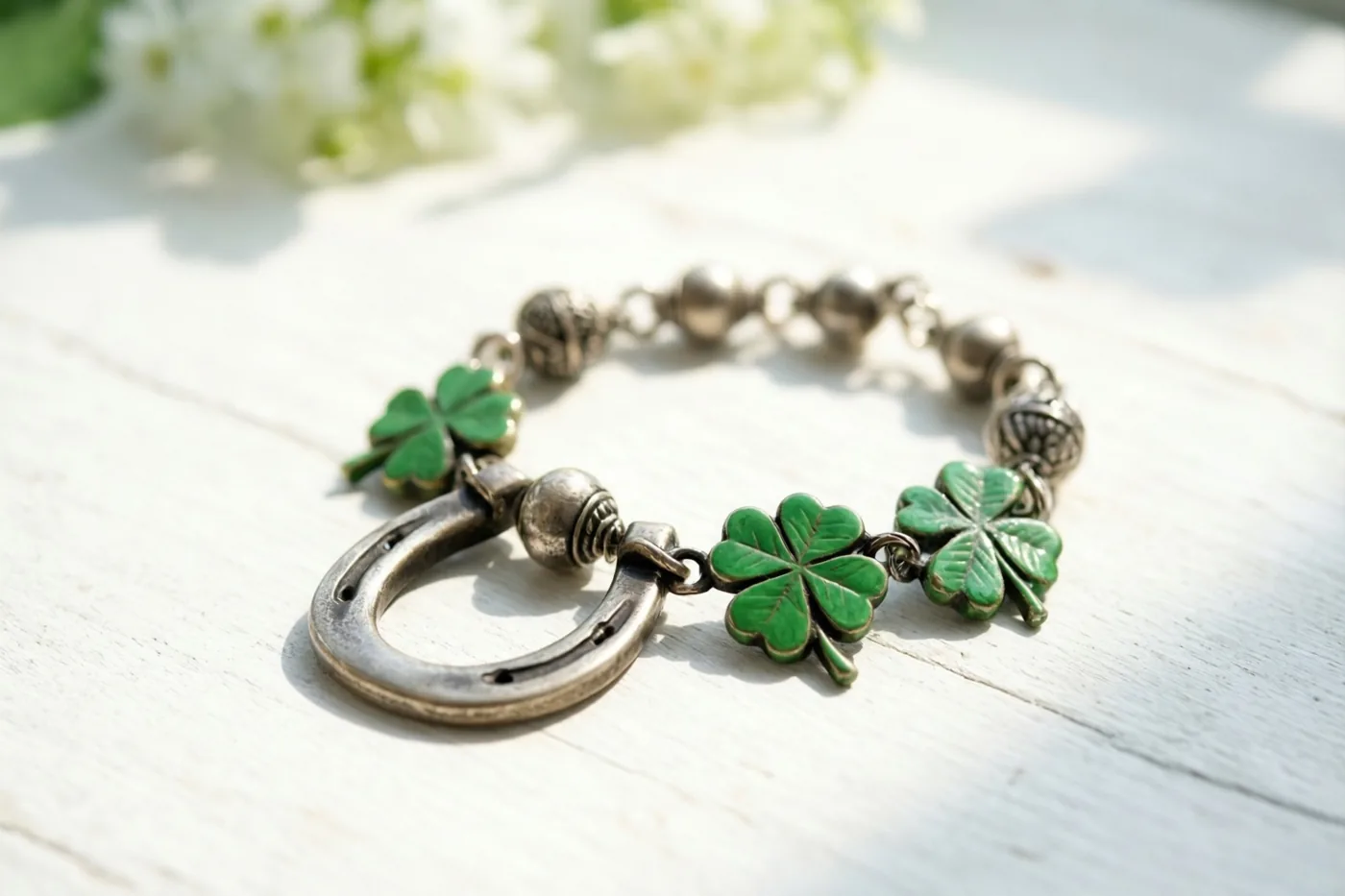 Een bedelarmband in oude stijl met een hoefijzer en groene klavertjesvier ligt op wit hout in zacht zonlicht, met onscherpe witte bloemen op de achtergrond.