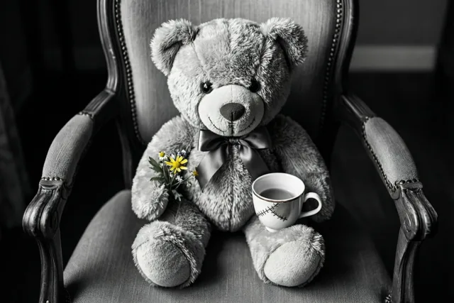 Op een zwart-witbeeld zit een grijze teddybeer rechtop in een sierlijke stoel met een boeketje en een witte theekop met stiksels.
