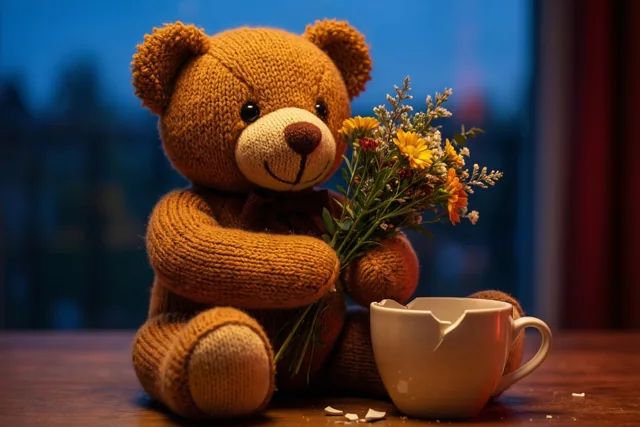 Een gebreide teddybeer zit op een houten ondergrond met gele en witte bloemen naast een gebroken witte keramieken kop, tegen een onscherpe blauwe achtergrond.