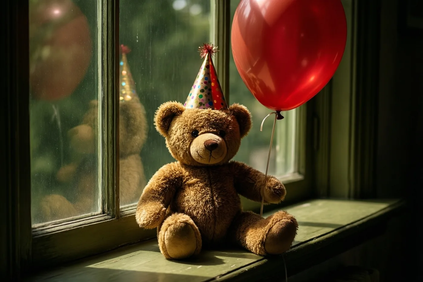 Een bruine teddybeer met een gestippeld feesthoedje houdt een rode ballon vast op een zonnige vensterbank, met groen buiten het raam.