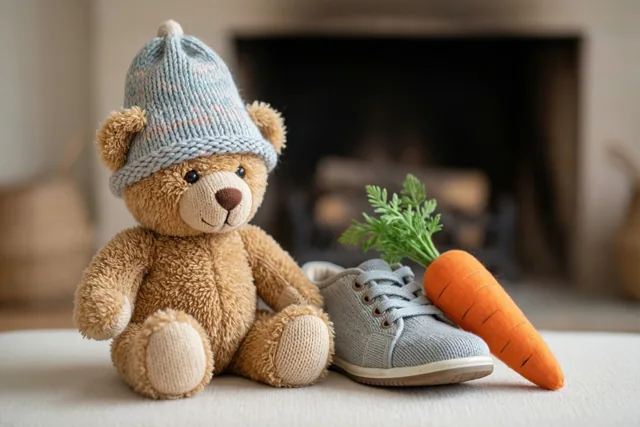Een teddybeer met een gebreide mijter zit naast een kinderschoen en een wortel op een lichte ondergrond, met een haard op de achtergrond.