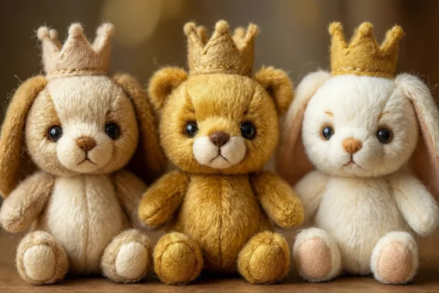 Een knuffelbeer zit tussen twee knuffelkonijnen, alle drie met een kleine vilten kroon, in warm licht met goudbruine, crèmekleurige en witte vacht voor een wazige achtergrond.