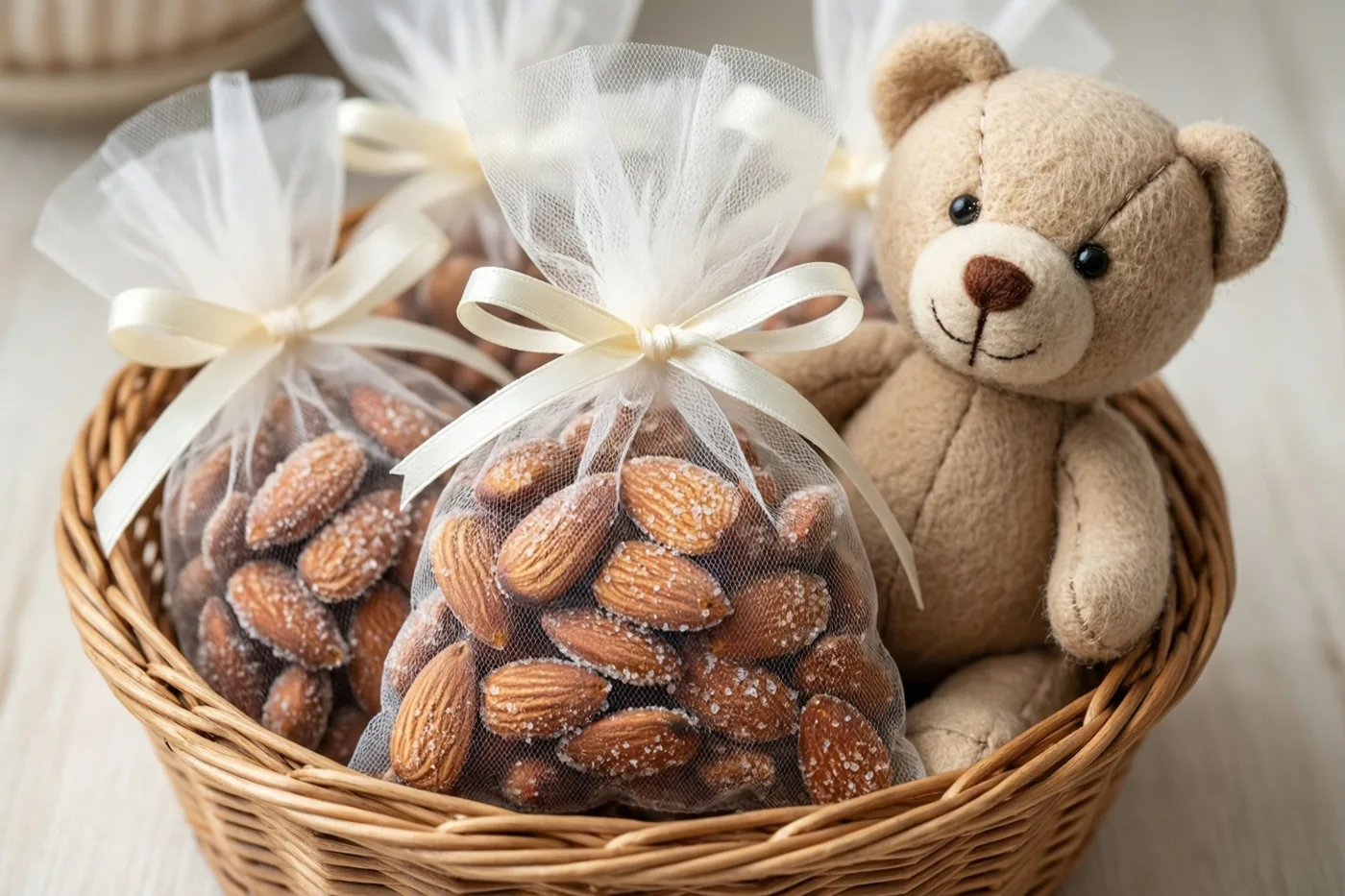 Een rieten mand bevat tule zakjes suikerbonen met crèmekleurige linten en een klein beige vilten beertje, op licht hout in zacht natuurlijk licht.